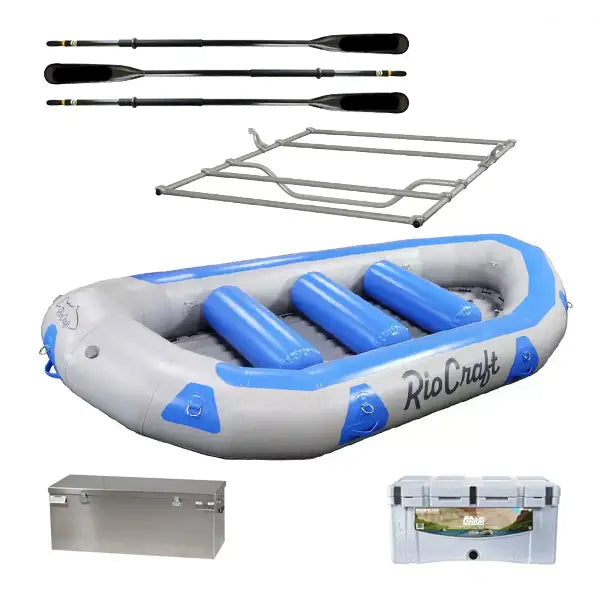 Perfect for your next adventure, the Colorado 16 Expedition Package by Rio Craft includes an inflatable raft, two sets of Sawyer Polecat oars, a metal frame, a silver storage box, and a cooler.