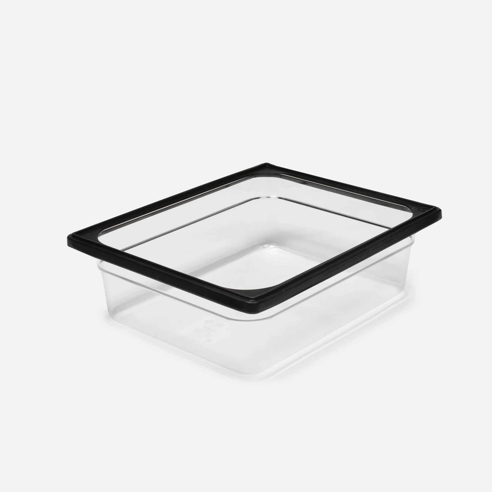 A durable rectangular polycarbonate food container with a black lid, perfect for use with Canyon Coolers' Catering Pan.