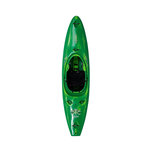 Top view of a green Dagger Indra kayak with a black seat and paddle, featuring a floral design, the word "Lotus" printed on it, and equipped with the Contour Ergo Engage Thigh Brace System.