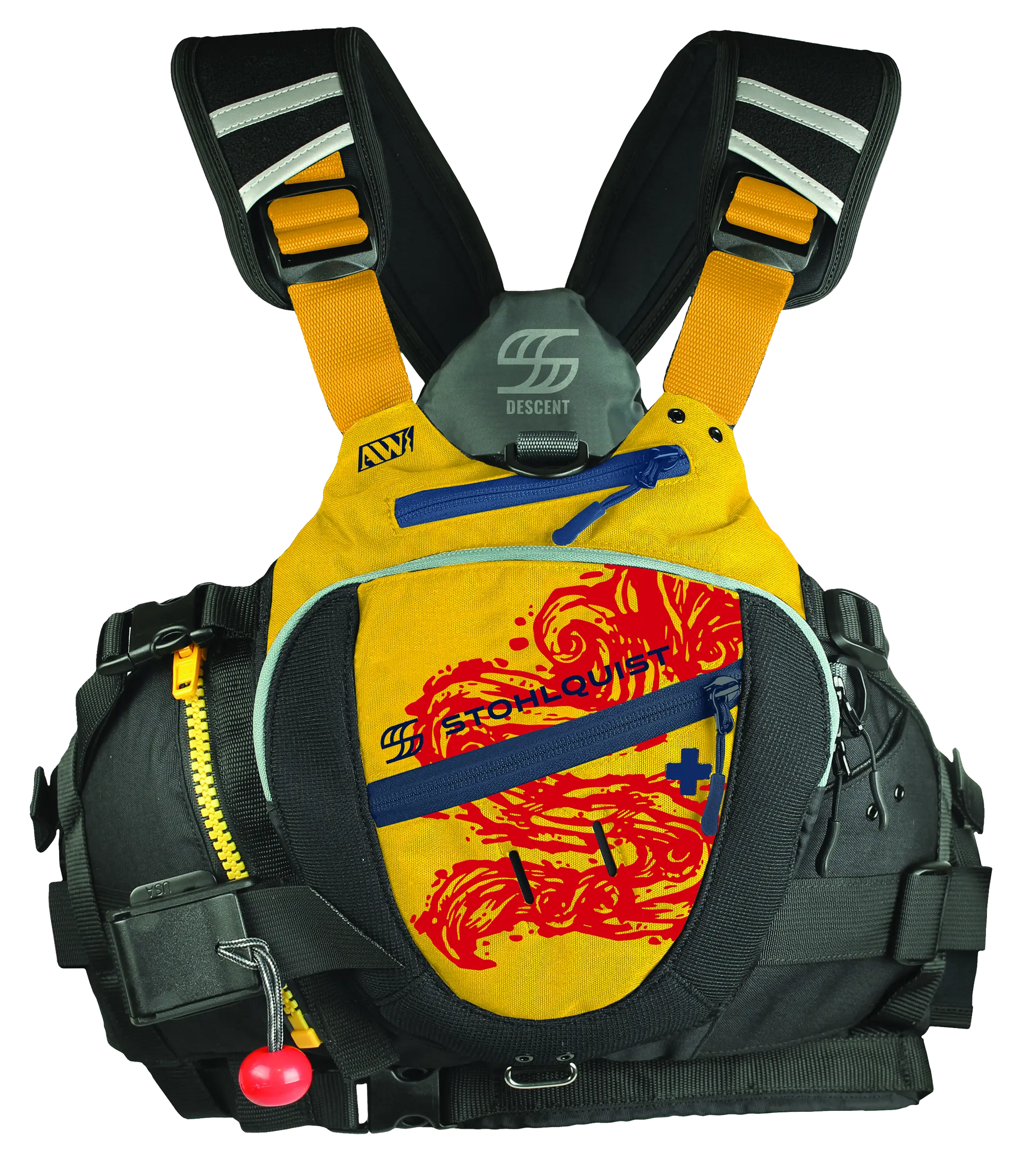 The Stohlquist Descent Rescue PFD is a vibrant Type V life jacket with black shoulder straps, a yellow front with red swirl patterns, multiple pockets, and clips, showcasing water safety quality design.