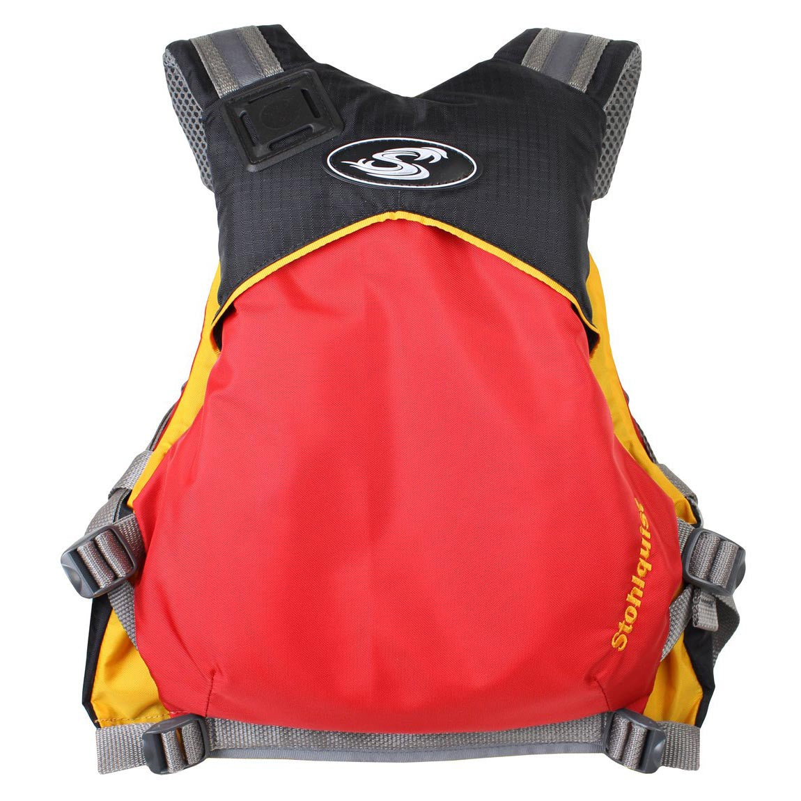 The Drifter Youth PFD by Stohlquist, featuring vibrant red and yellow colors with black shoulder straps and the iconic logo on the chest, offers both style and buoyancy.