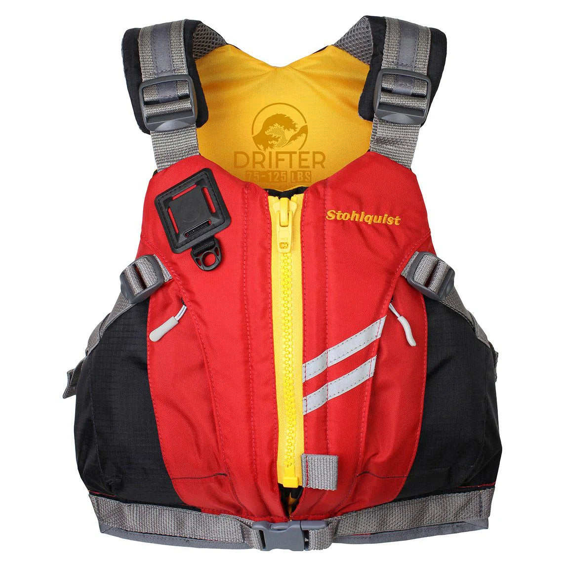 The Stohlquist Drifter Youth PFD is a red and gray life jacket featuring a yellow interior, adjustable straps, front zipper, reflective stripes for visibility, enhanced buoyancy, a clip, and prominently displays the "Stohlquist" branding.