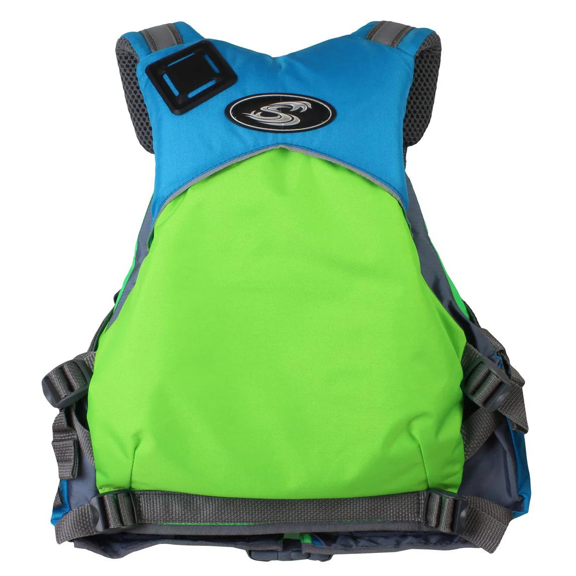 The Drifter Youth PFD by Stohlquist is a colorful vest with a blue top, green front, and black accents. It includes the Stohlquist Fit System, cross-chest cinch harness, adjustable gray straps for a secure fit, and a safety clip loop.