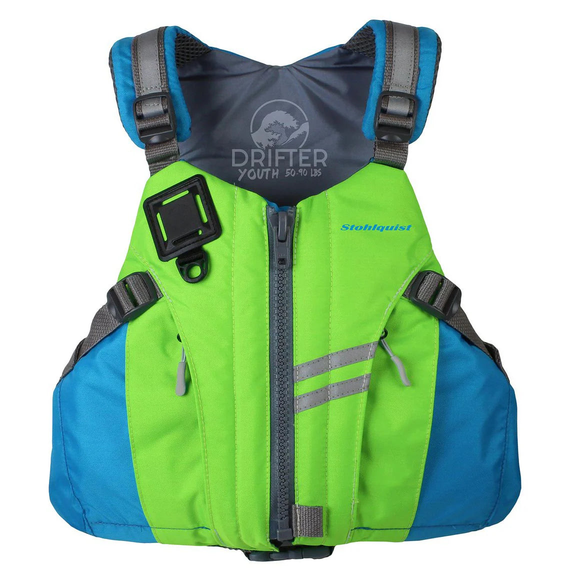 The Stohlquist Drifter Youth PFD showcases a green and blue design with a front zipper, multiple straps, and offers comfort through the Fit System. The cross-chest cinch harness ensures a secure fit, while an attached whistle on the chest enhances safety.