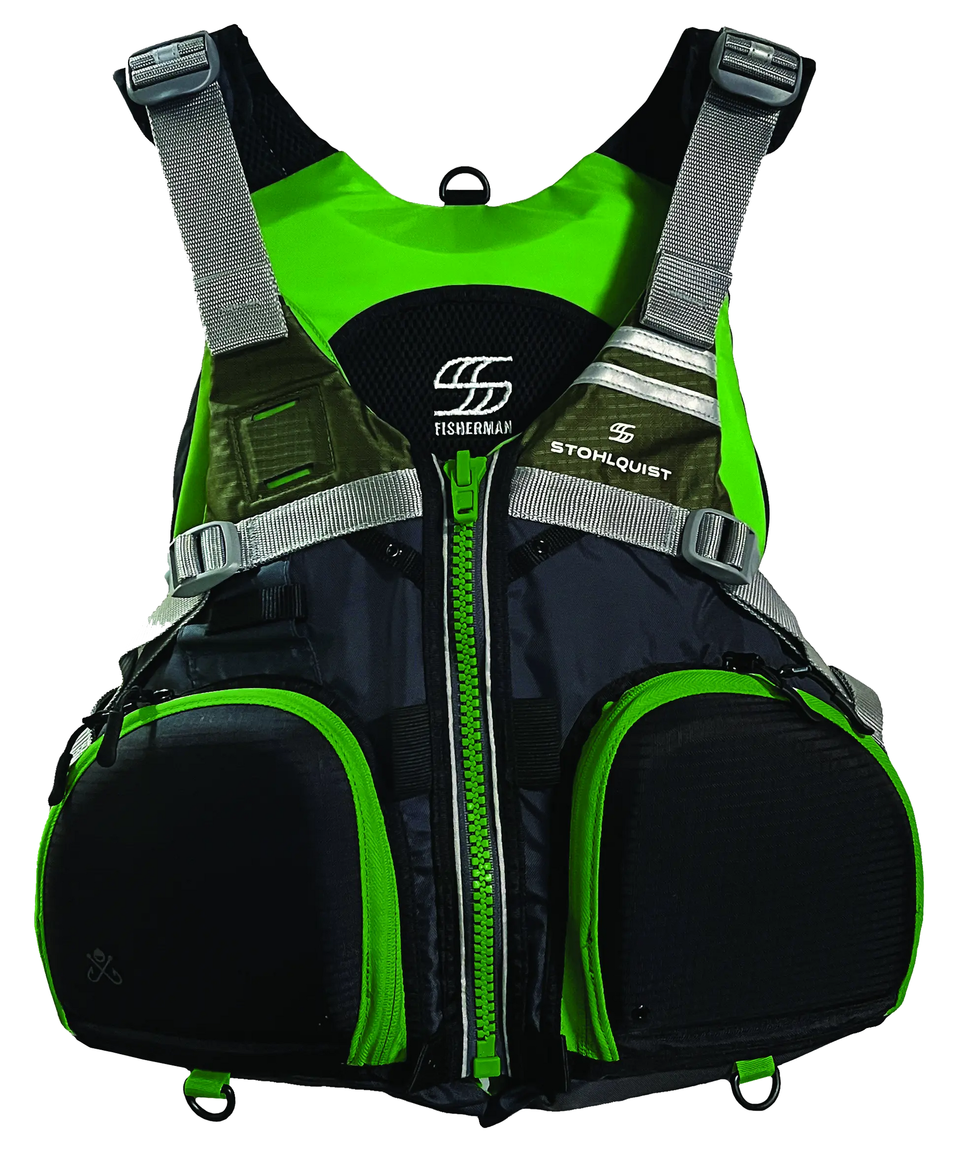 The Stohlquist Fisherman PFD is a Type III personal flotation device featuring a green and black design, multiple pockets, adjustable gray straps, and branding logos.