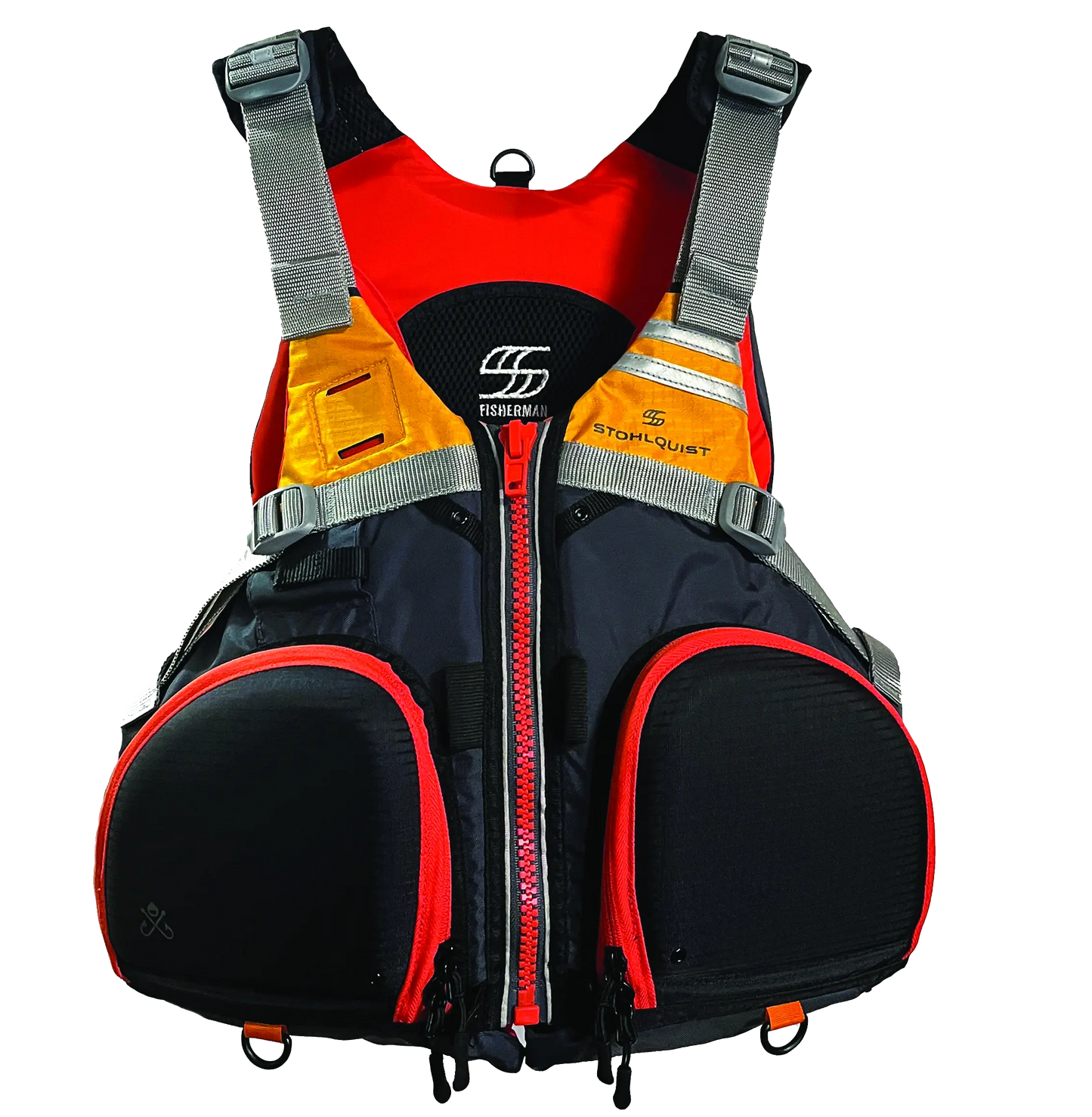 The Stohlquist Fisherman PFD, in red, black, and yellow, features multiple pockets and adjustable gray straps. Its Type III design ensures safety on your fishing adventures.