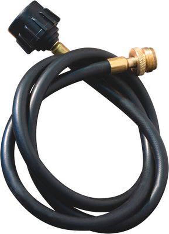 A black hose with a brass nozzle, perfect for connecting to a Camp Chef Propane Tank Adapter Hose.