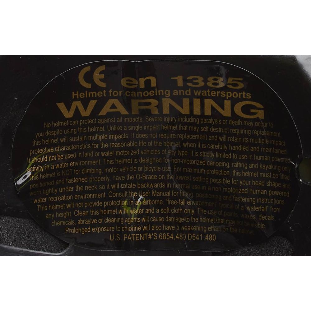 The NRS Trident Helmet includes a warning label for canoeing and watersports, featuring carbon fiber with EVA foam pads for superior impact absorption. It outlines potential risks, proper usage, and protection limitations. Patent numbers are listed below.