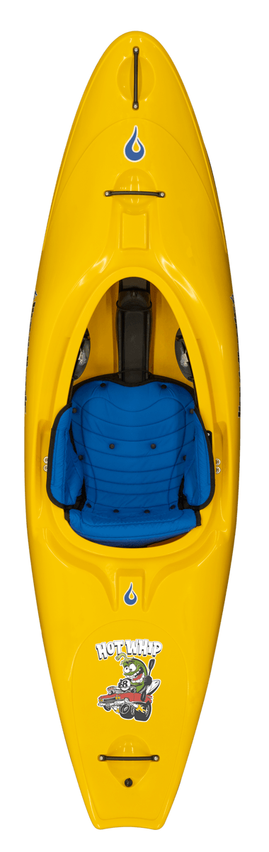 Aerial view of a yellow Hot Whip kayak by LiquidLogic, featuring a blue seat and a cartoon graphic. Perfect for river running adventures.