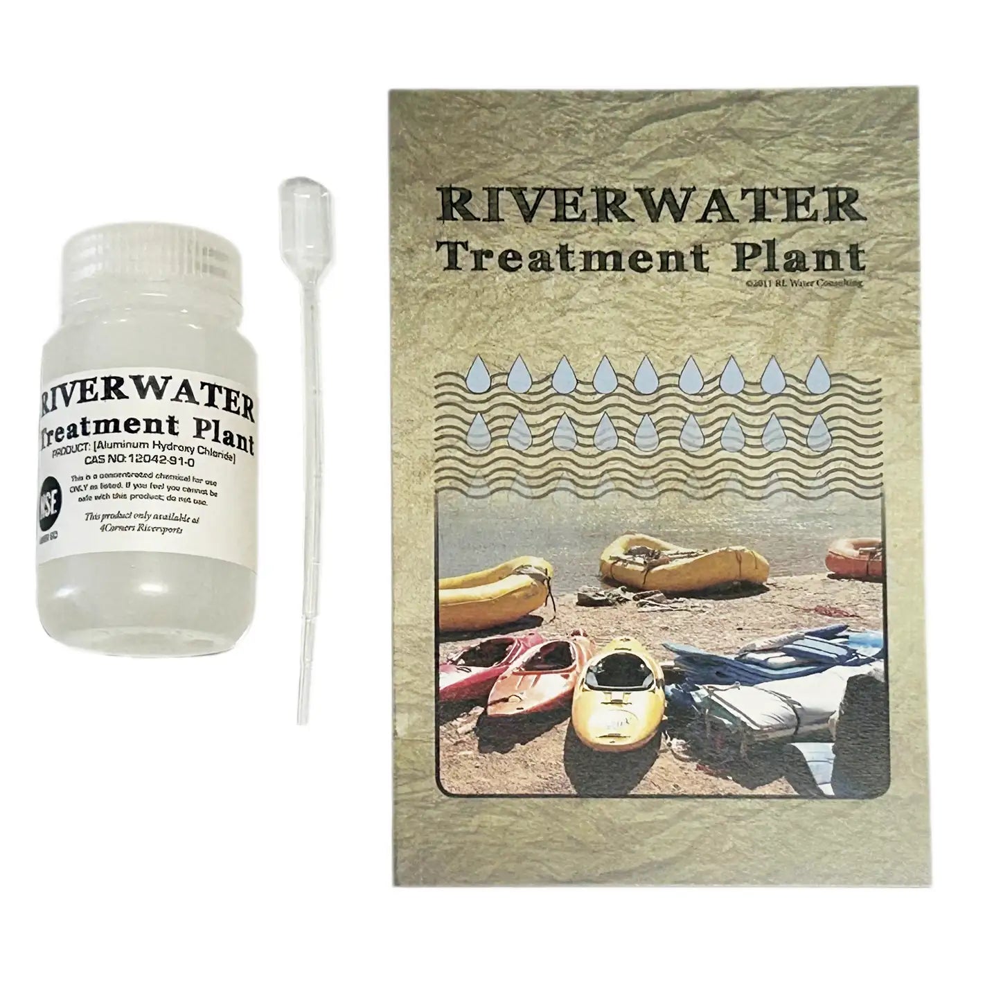 The Coyote River Gear Riverwater Treatment Water Flocculant bottle features a dropper and comes in a box adorned with kayaks on a riverbank and water droplet graphics, highlighting its ability to remove sediment for purer water adventures.