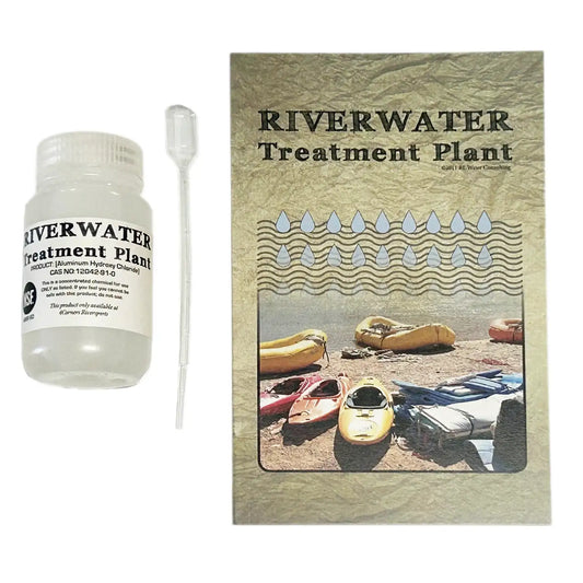 The Coyote Riverwater Treatment Water Flocculant kit comes with a plastic bottle, a dropper, and a packaging box that features an image of canoes by the riverside. It's ideal for sediment removal and water flocculant applications.