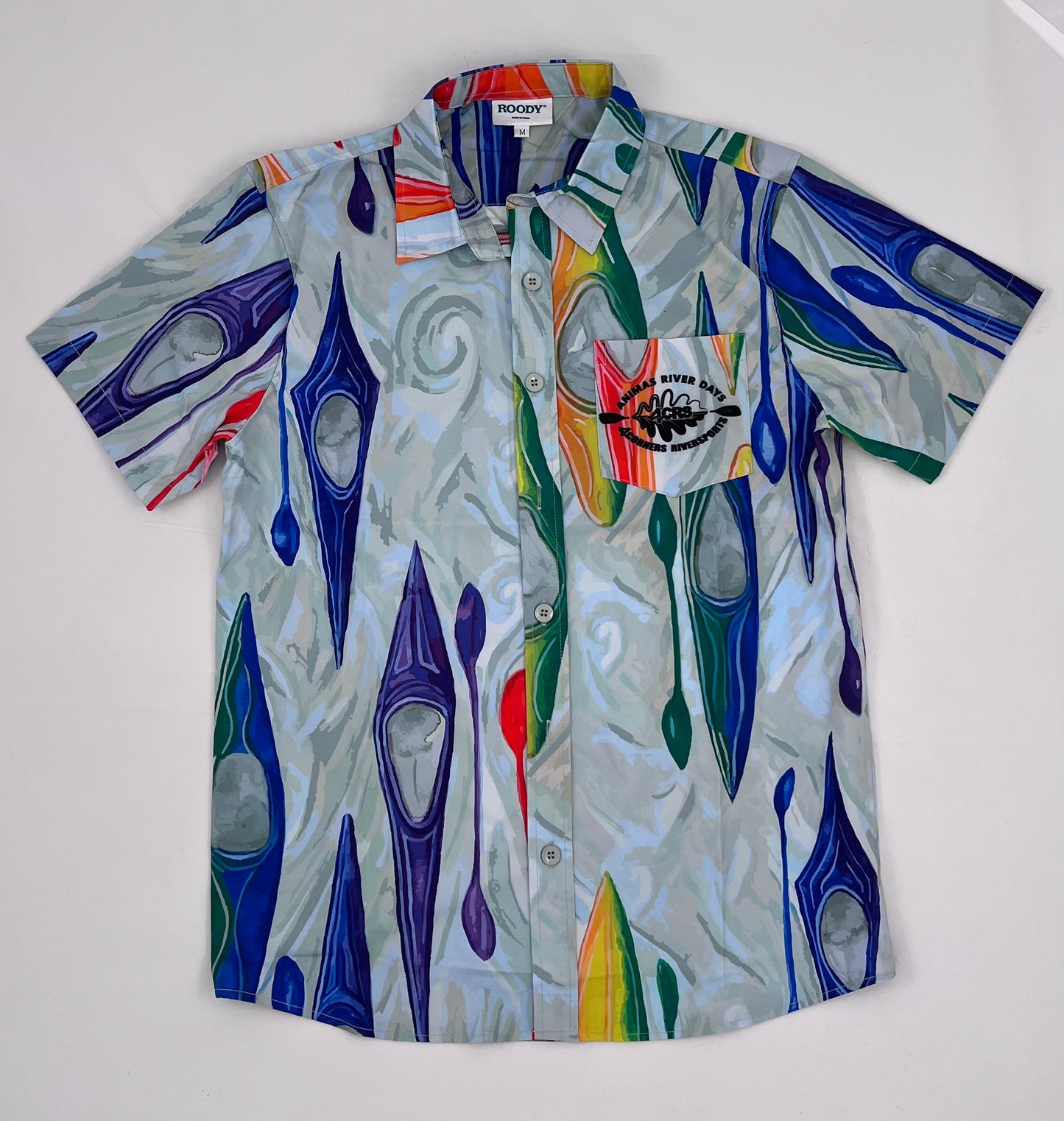 The 4CRS ARD Party Shirt is a vibrant Hawaiian shirt with colorful designs on it, made from 100% recycled polyester for a sustainable fashion choice.