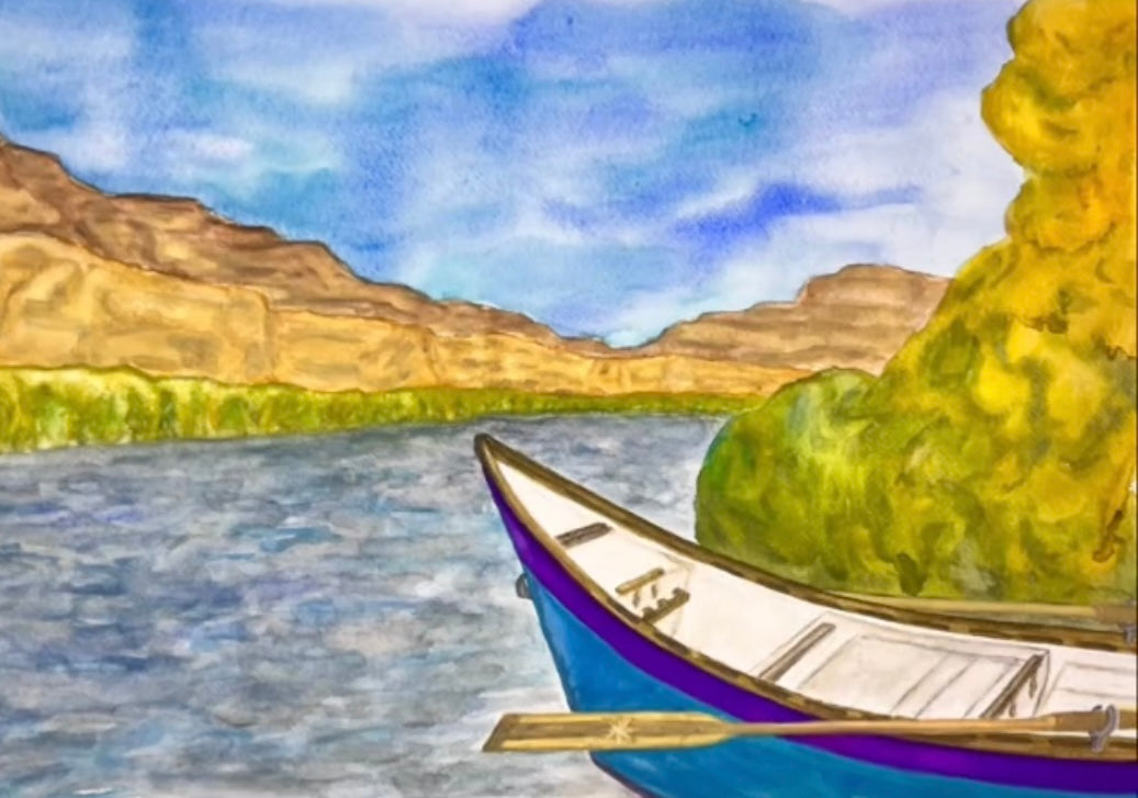 The "Paint and Sip" experience from 4CRS Paddle School captures the calming essence of Bob Ross with a watercolor painting of a rowboat on a river, surrounded by rocky cliffs and greenery under a partly cloudy sky.