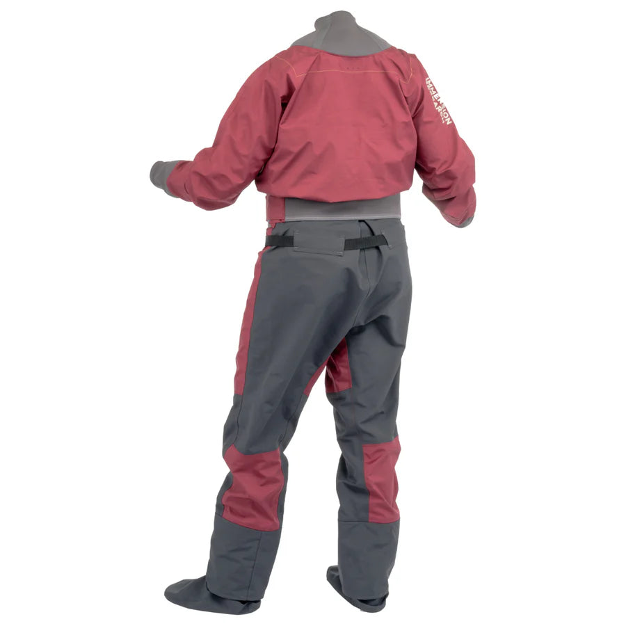 Rear view of a person wearing an Immersion Research Aphrodite Dry Suit - Women's in red and grey, designed for water activities with reinforced knees and elbows, featuring a convenient clam-shell entry and zippered back.