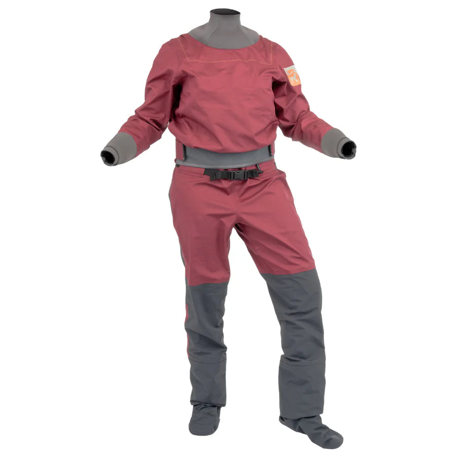 The Immersion Research Aphrodite Dry Suit - Women's is made of recycled polyester fabric, featuring a two-tone red and grey design, a high-neck collar, clam-shell entry, attached socks, and a waist belt, perfect for water activities.