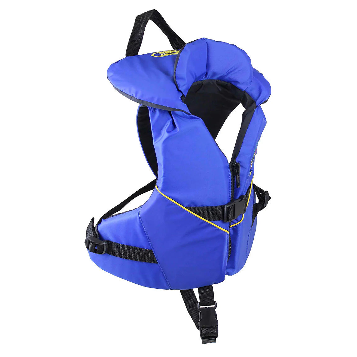 The Stohlquist Infant & Child PFD, US Coast Guard Approved, is a blue life jacket featuring a comfy head cushion and adjustable black straps to ensure your child's safety.