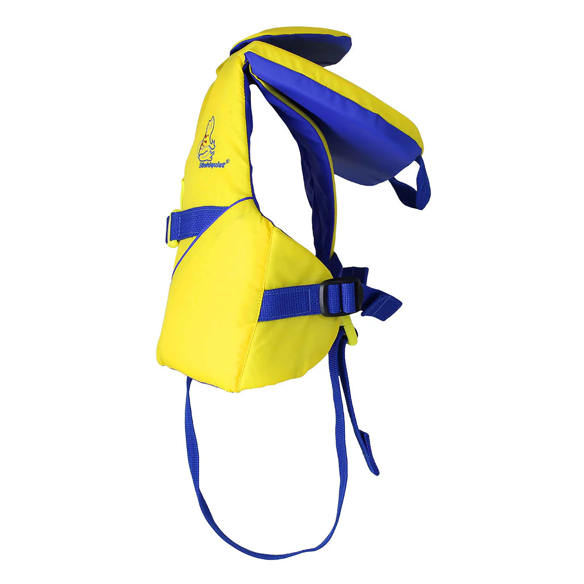 The side-view image shows a yellow and blue Stohlquist Infant & Child PFD with adjustable straps and buoyant padding, US Coast Guard approved for safety and comfort on the water.