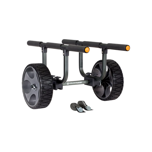 The Wilderness Systems Heavy Duty Kayak Cart, equipped with 12" no-flat wheels and adjustable straps, boasts a robust frame for effortless watercraft transportation.