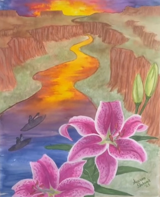 This serene scene, reminiscent of something Bob Ross would delight in painting, features a vibrant watercolor depicting a sunset over a winding river through a canyon. Two boats glide on the water, while large pink lilies with green buds adorn the foreground. Experience this picturesque moment with the "Paint and Sip" session by 4CRS Paddle School.