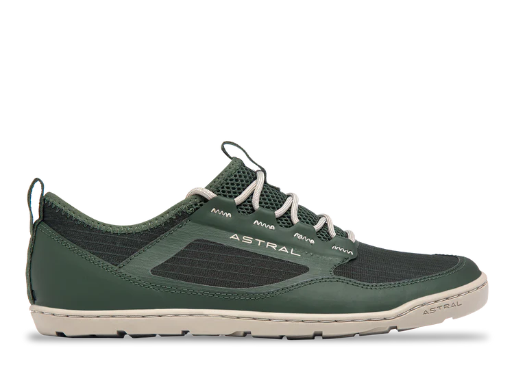 The Astral Loyak AC - Men's is a green and black casual shoe with ultra-fine ripstop mesh, a white sole and laces, the "Astral" brand on the side, and durable G-Rubber outsoles for better grip.