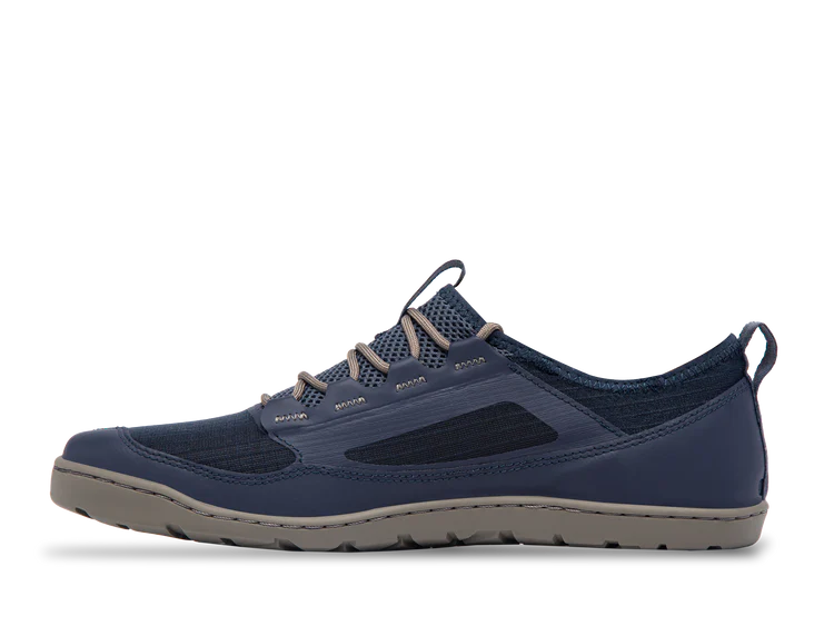 Navy blue Astral Loyak AC - Men's low-top sneaker with a ripstop mesh upper, gray accents, and a beige sole featuring sticky G-Rubber outsoles, viewed from the side.