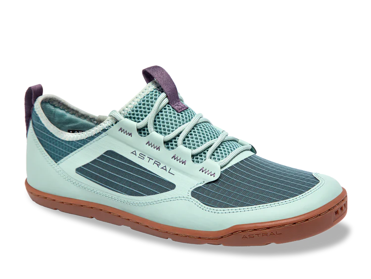 The Astral Loyak AC - Men's is a light teal and navy athletic shoe with maroon accents, featuring a lace-up design, breathable ripstop mesh, durable G-Rubber outsoles, and the "Astral" brand name prominently on the side.