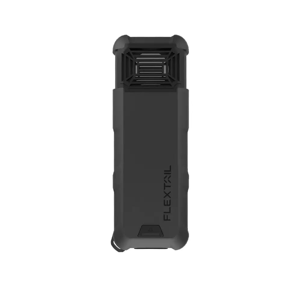 The Max Repeller Mosquito Repellent Device by Flextail is a portable, compact black unit with a rectangular design, featuring a rechargeable 9600 mAh battery and a vent at the top.