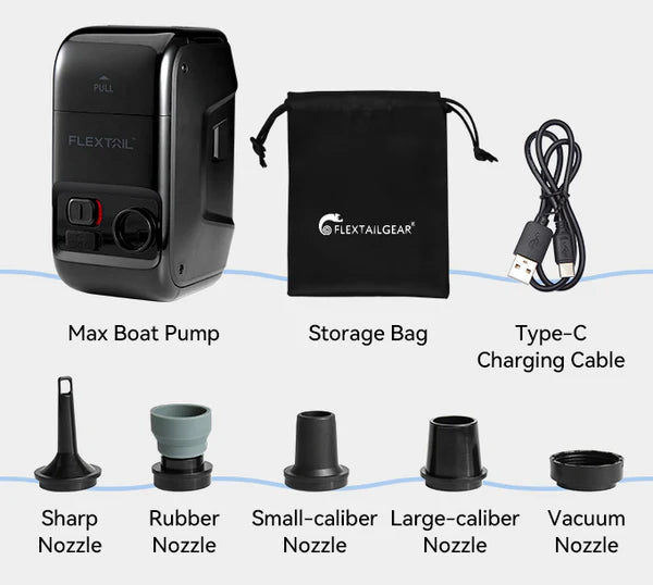 The image showcases the MAX Electric Boat Pump by Flextail, featuring a compact design with a black storage bag, Type-C charging cable, and five nozzles: sharp, rubber, small-caliber, large-caliber, and vacuum. Its high-speed motor ensures efficient operation for all your inflating needs.