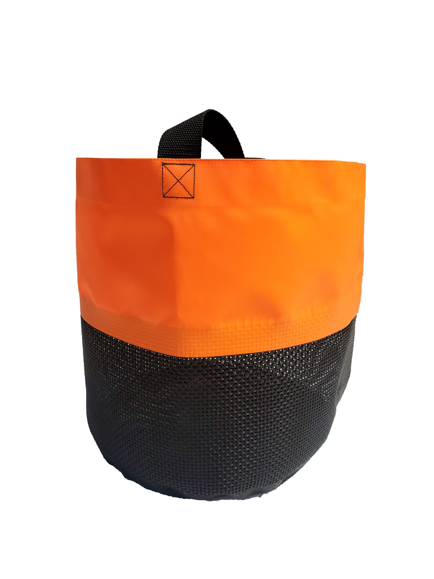 The Collapsible Water Bucket-Mesh Bottom by Jacks Plastic Welding, with its orange and black mesh and sturdy black handle, is ideal for drying gear on outdoor adventures.