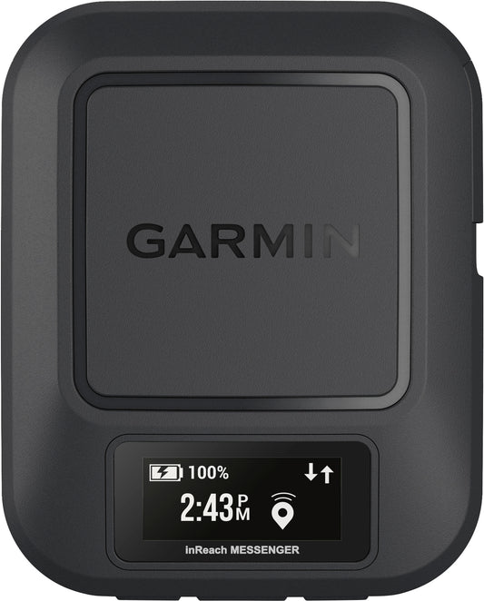 A Garmin inReach Messenger device showing a full battery, the time as 2:43 PM, and GPS signal strength on a small screen at the bottom. The device offers an SOS feature for emergencies and provides 2-way satellite messaging to ensure seamless communication anywhere.