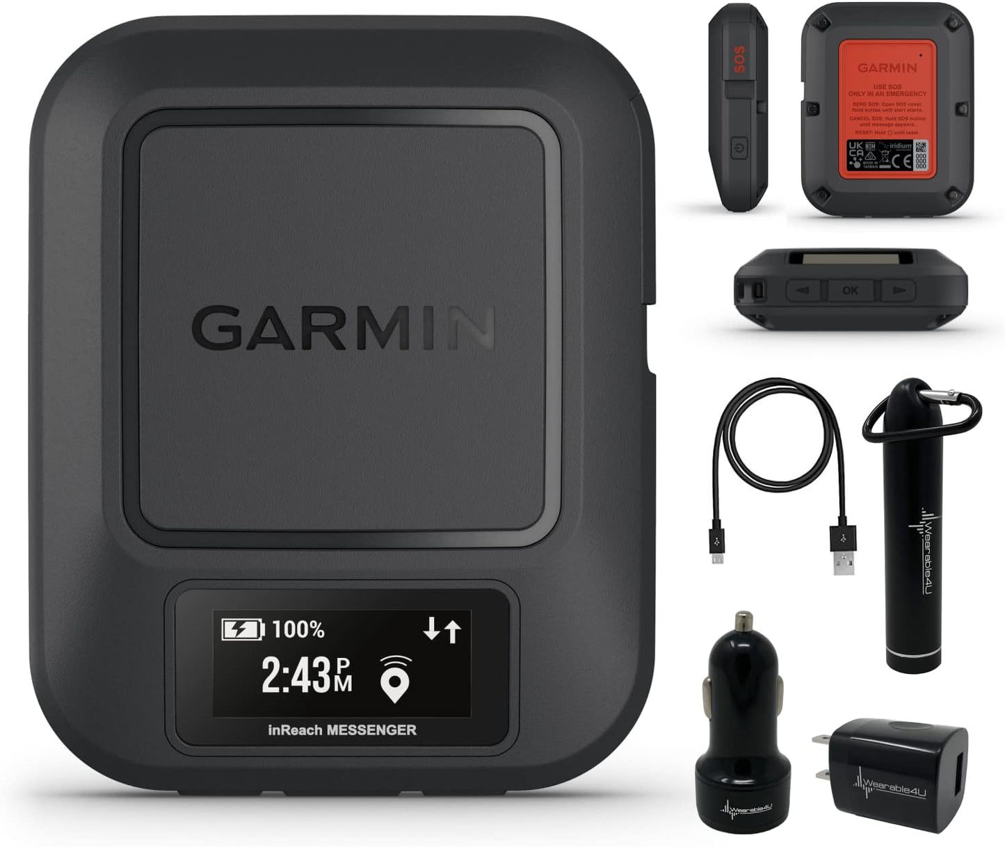 The Garmin inReach Messenger device, with a display showing battery status and time, comes equipped with essential accessories such as a car charger, wall charger, USB cable, lanyard. It offers 2-way satellite messaging and an SOS feature for emergency situations.