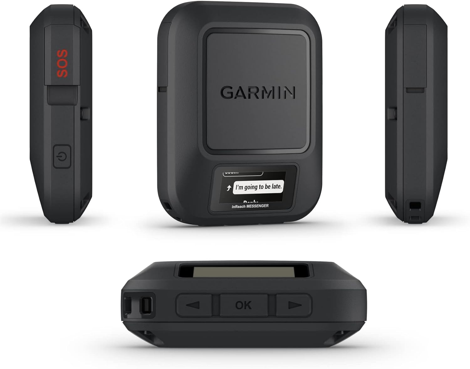 Multiple views of the Garmin inReach Messenger device in black, featuring an SOS button, a display screen showing a message, and control buttons. The device is shown from the front, back, sides, and top. It offers 2-way satellite messaging for reliable communication anywhere.