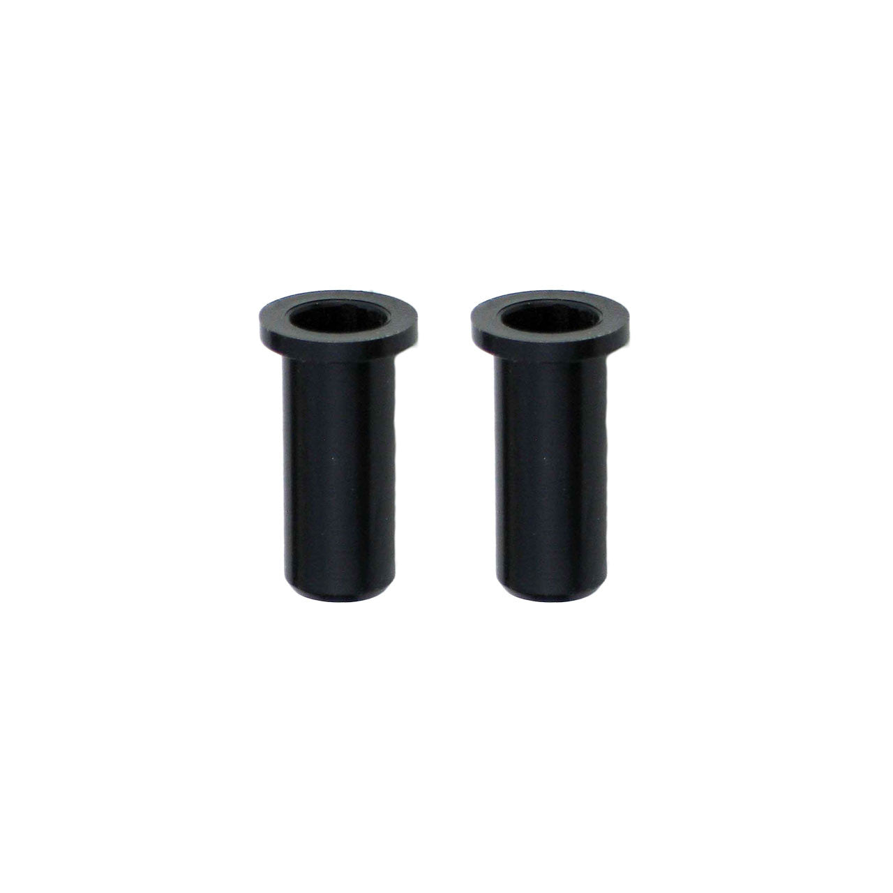 The Sawyer 1/2" Oar Tower Reducer Bushing Pair, featuring black cylindrical bushings with flanged ends for precise 5/8" to 1/2" conversion, sit side by side on a white background. Made from durable nylon, they are ideal for reliable oarlock fittings in marine environments.