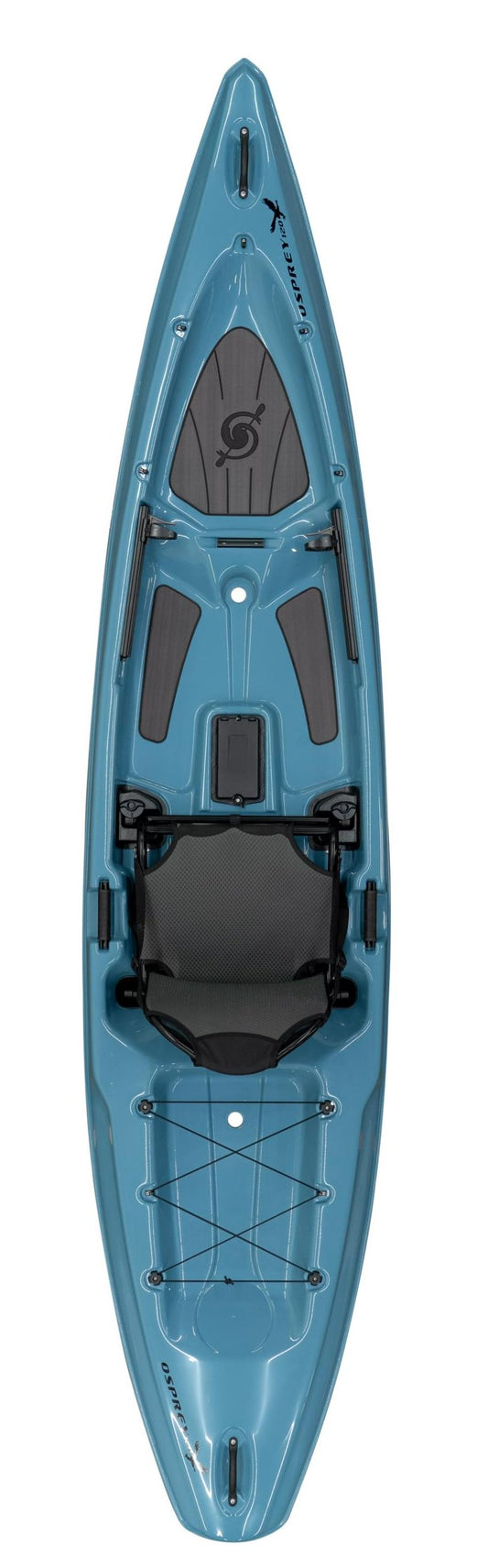 A top view of a blue Hurricane Kayaks Osprey 109 sit-on-top kayak featuring a padded seat, footrests, storage space, and a rear hatch.