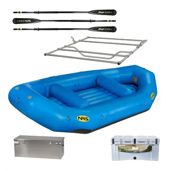 Image of a blue inflatable raft by NRS, the Otter 14 Expedition Package, equipped with Sawyer MX-S Oars, a frame, and two storage boxes. The package is displayed on a white background.