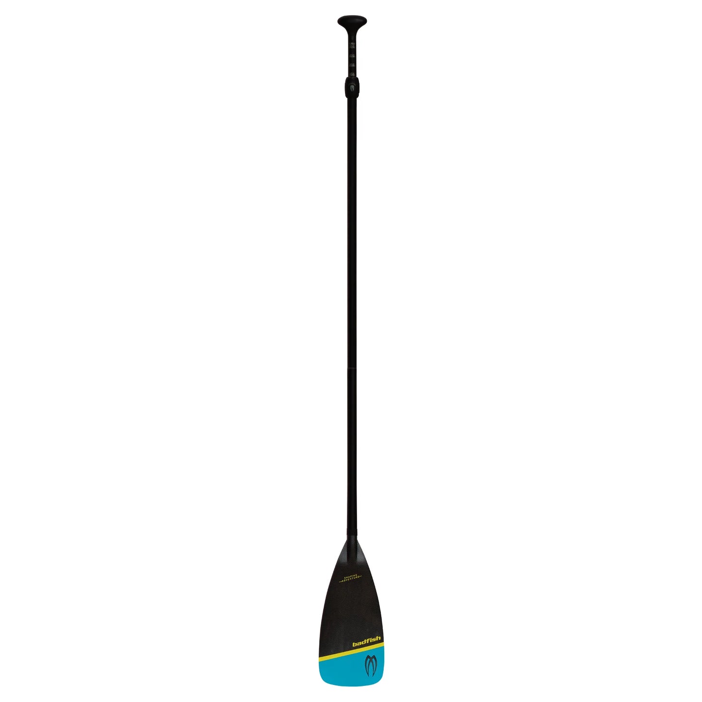 The Badfish Travel SUP Paddle is an adjustable 3-piece paddle featuring a blue and yellow blade, perfect for stand-up paddleboarding adventures.