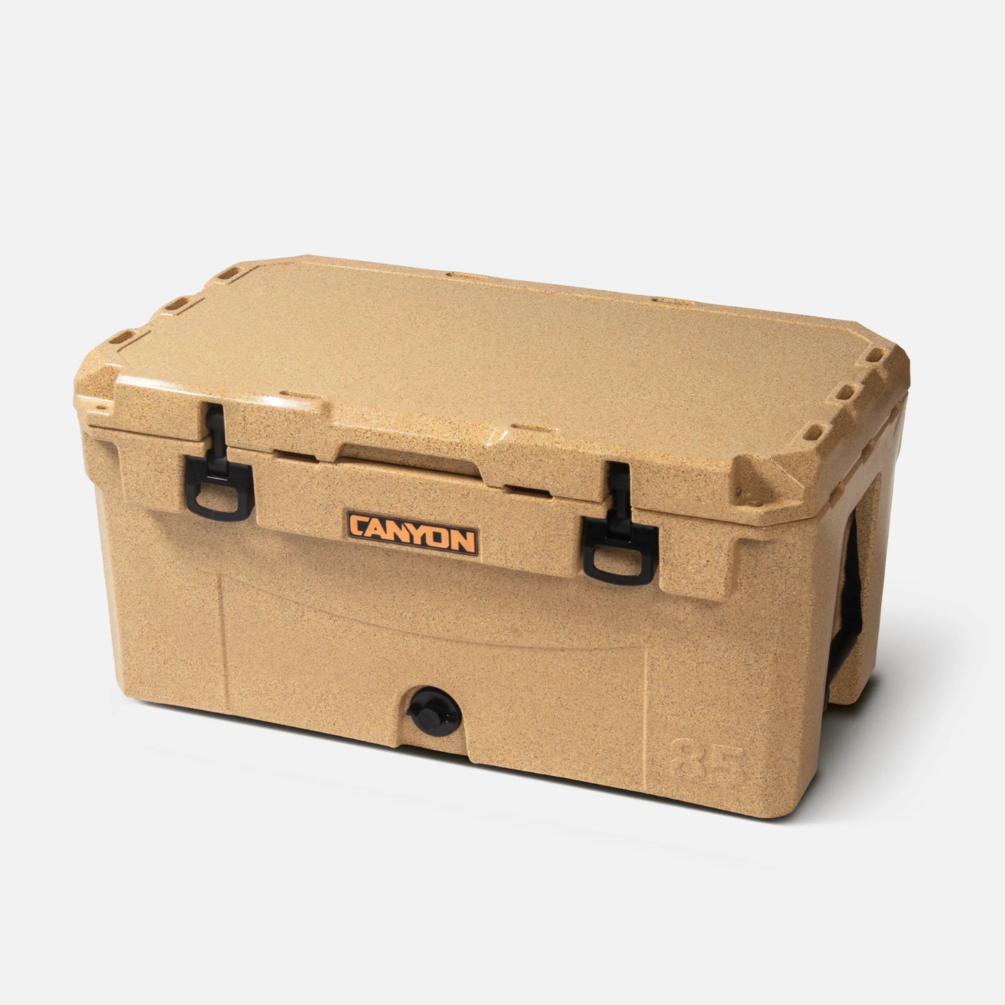 Tan PRO 85 Raft Cooler by Canyon Coolers features black latches, excellent ice retention, and is perfect for rafting adventures.