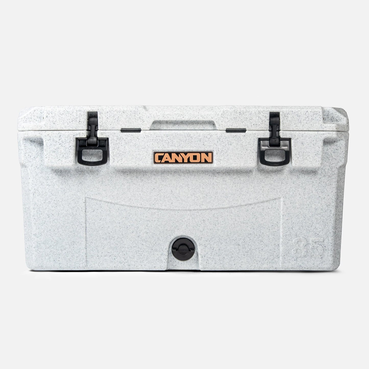 The PRO 85 Raft Cooler by Canyon Coolers is a large gray cooler box with excellent ice retention, a textured surface, and a black latch, featuring the "Canyon" logo prominently on the front.