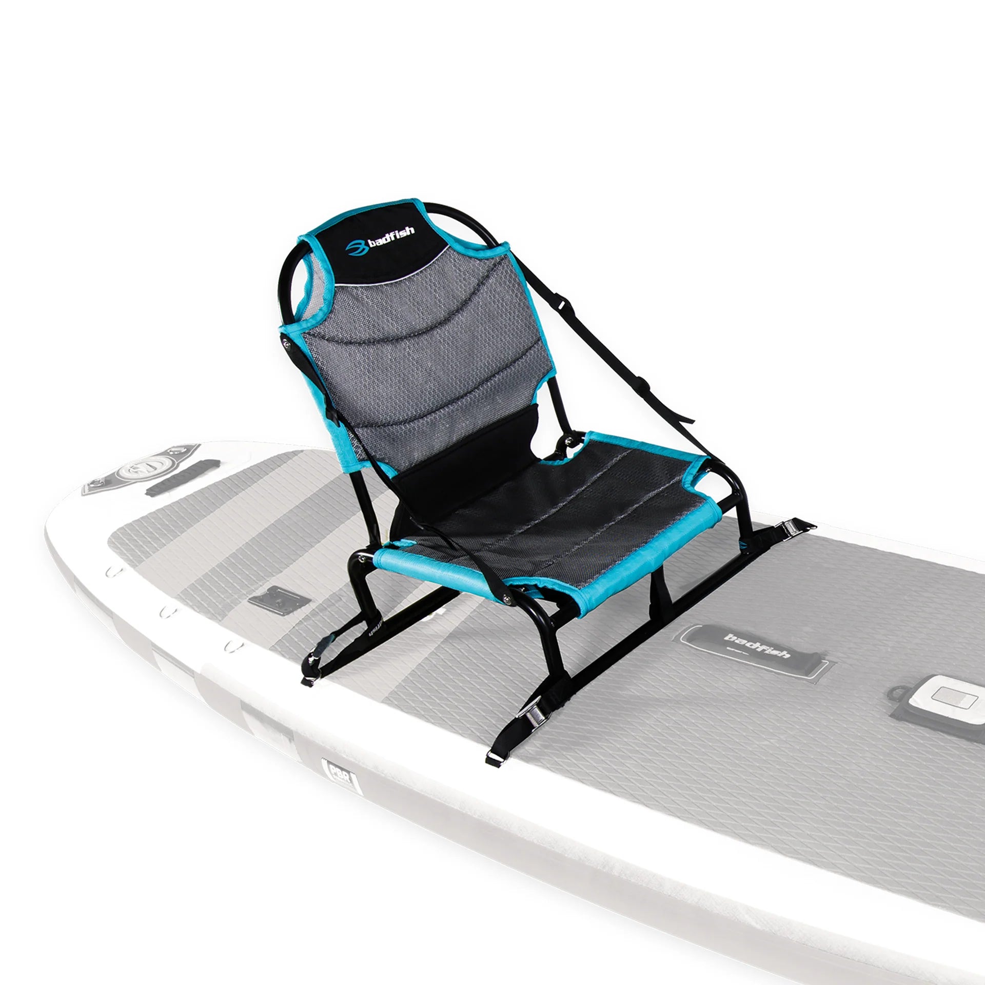 The Perch Fishing Chair by Badfish, featuring an adjustable backrest and breathable 3D fabric in teal and black, is securely attached to the deck of a gray and white stand-up paddleboard.