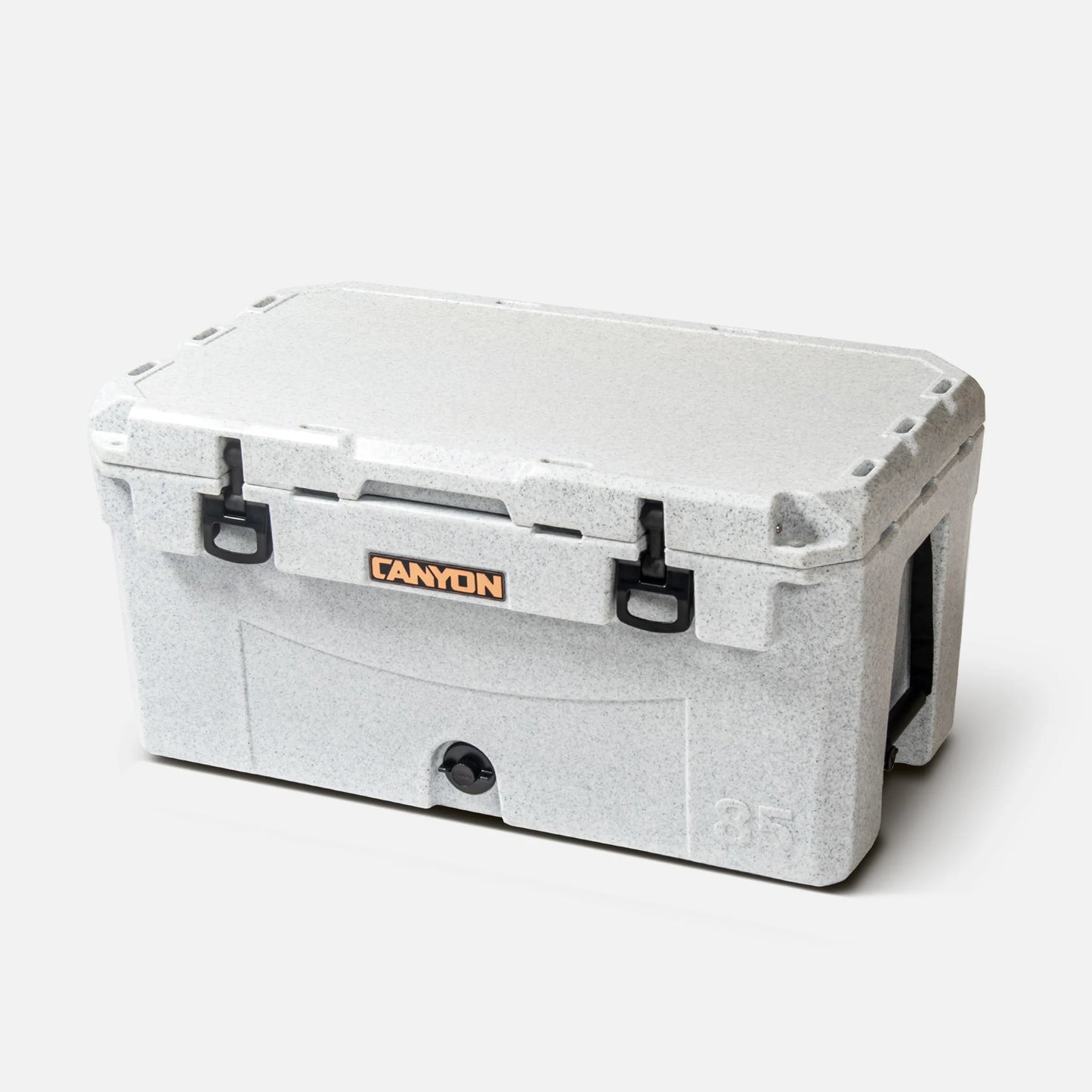 The Canyon Coolers PRO 85 Raft Cooler is gray with a textured surface, featuring two black front latches and a sturdy side handle. Known for superior ice retention, it's ideal for keeping adventures chilled and refreshing.