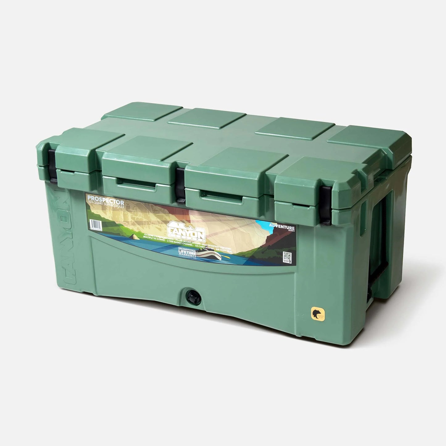 The Prospector 103 Raft Cooler by Canyon Coolers is a durable, green storage cooler with a graphic label. It's bear-resistant with multiple latches and a strong design, perfect for securing your provisions on wilderness adventures.