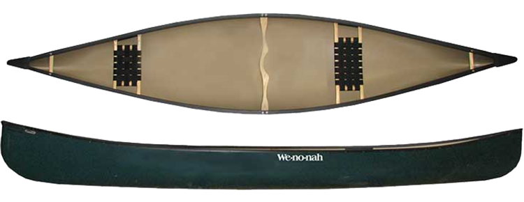 Top and side views of the Wenonah Prospector 16 - T-Formex canoe feature black trim and two wooden seats, designed for durability.