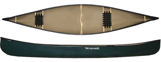 Top and side views of the Wenonah Prospector 16 - T-Formex canoe feature black trim and two wooden seats, designed for durability.