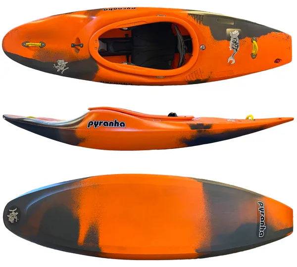 The Pyranha Loki kayak, in orange and black, features a seat for vertical moves and downriver play. It is adorned with decorative graphics and is shown from top, side, and bottom angles.