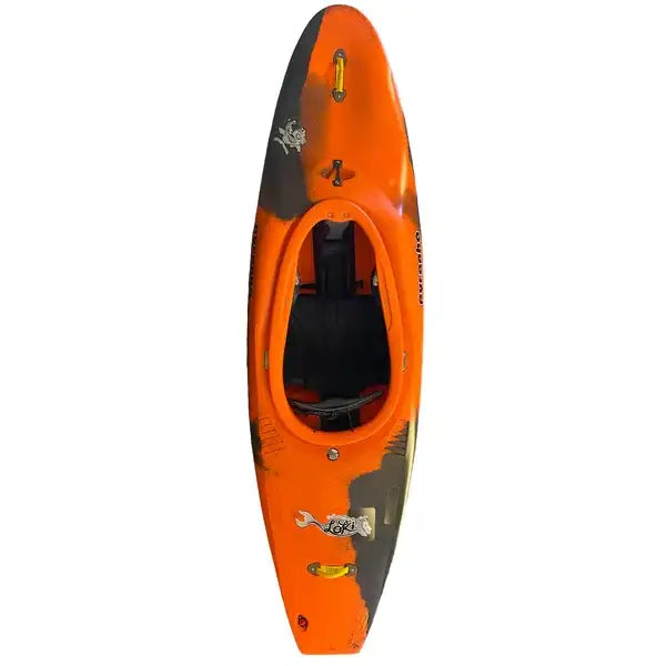 The Pyranha Loki is an orange and black kayak with a central cockpit view designed for smooth cartwheels. As a downriver play boat, it captures the thrill-seeker's spirit while maintaining minimal branding.