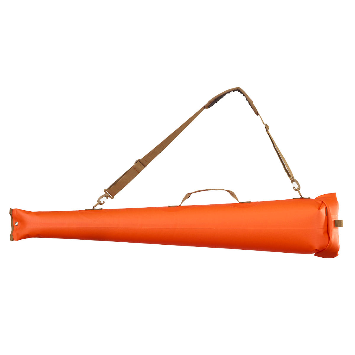A large orange Wetland Shotgun Bag by Watershed with a handle attached to it.
