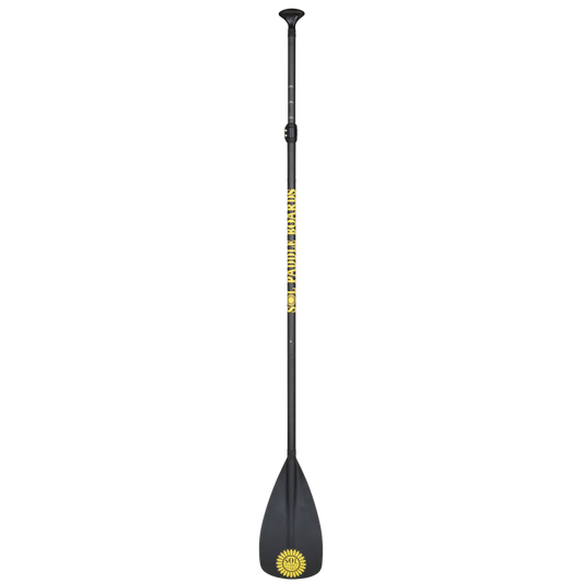 SOL's Carbon Blaster 3-Piece Travel SUP Paddle, with an adjustable handle, boasts a black carbon design featuring the "Grand Teton Park" logo and a yellow sun emblem near the blade. This paddle ensures smooth strokes for your adventures on the water.