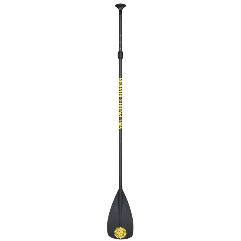 The Carbon Blaster SUP Paddle Kayak Blade Conversion from SOL Paddle Boards is a versatile black adjustable paddle with a yellow logo near the blade, perfect for paddle board adventures or kayak conversion experiences.