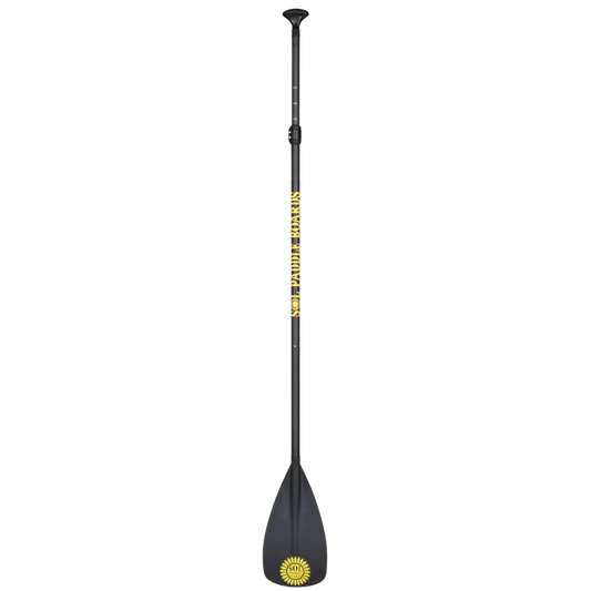 The Carbon Blaster SUP Paddle Kayak Blade Conversion from SOL Paddle Boards is a versatile black adjustable paddle with a yellow logo near the blade, perfect for paddle board adventures or kayak conversion experiences.