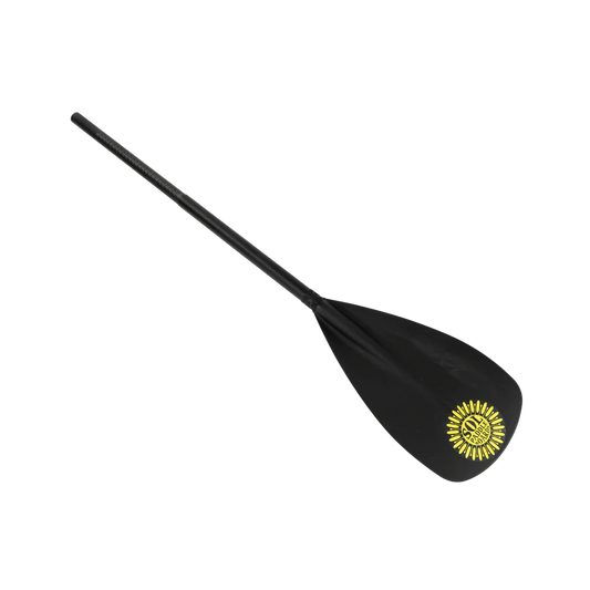 Black paddle with a yellow sun design on the blade, ideal for those seeking performance and style in their SOL Carbon Blaster SUP Paddle Kayak Blade Conversion setups.